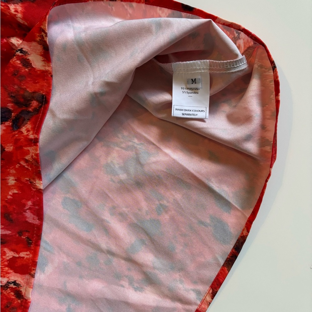Vibrant Red, Brown, & White Asymmetrical Blouse, Ties into a Bow at one Shoulder - Picture 5 of 6
